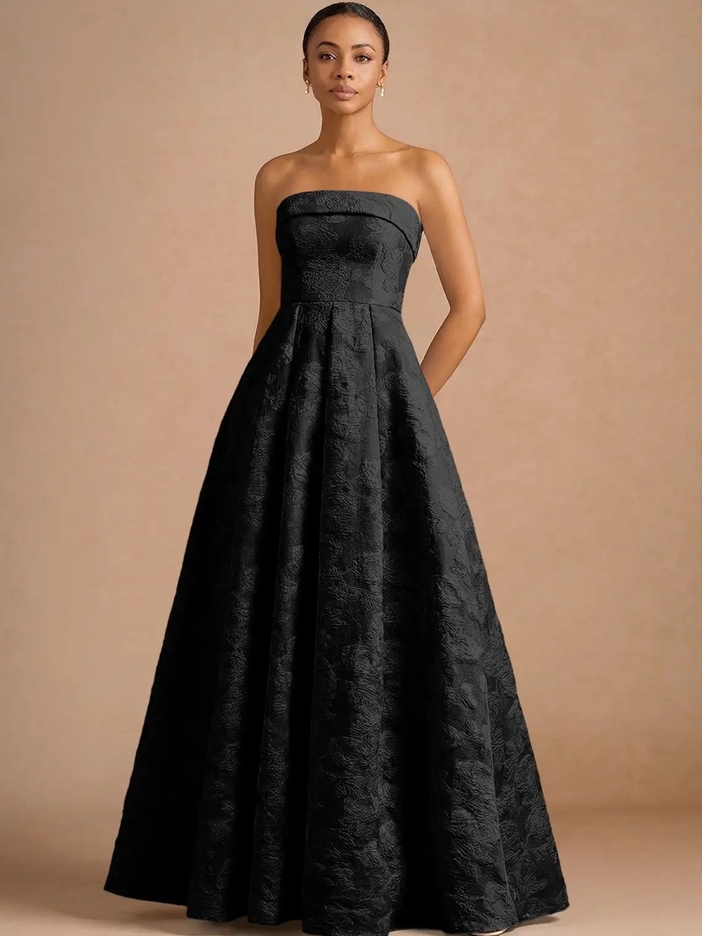 Azazie Black Strapless Textured A-Line Gown